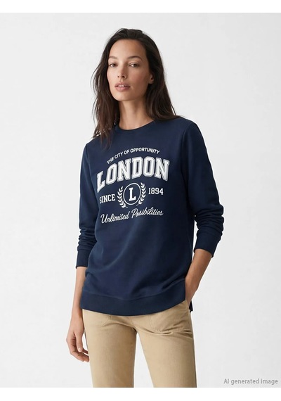 Lc Waikiki Lacivert London Baskılı Kadın Sweatshirt Tunik