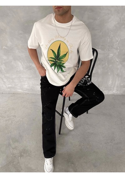 Modi Ön Ve Arka Baskılı Oversize Bisiklet Yaka T-shirt- Beyaz - Mymg153736