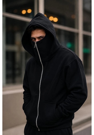 Erkek Maskeli Ninja Model Çift Kapüşonlu 3 İplik Şardonlu Fermuarlı Sweatshirt - Siyah