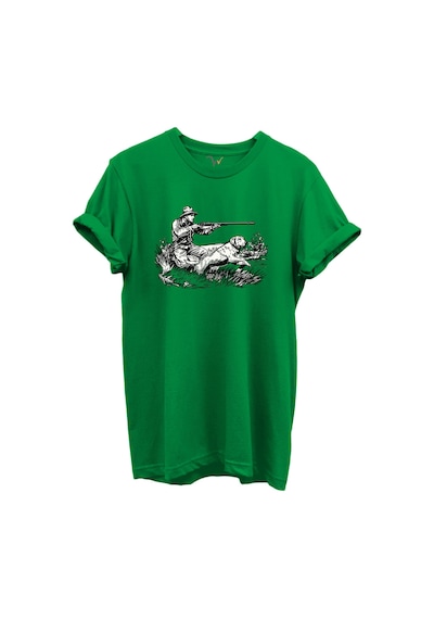 Outdoor Avcılık Avcı Ve Köpek Desenli %100 Pamuk Regular Fit Bisiklet Yaka Unisex T-shirt Yeşil
