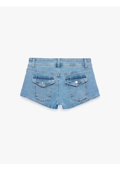 Koton Standart Bel Düğmeli Cepli Ekstra Mini Denim Şort Açık İndigo 6sal40279md