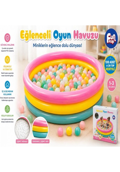 Eğlenceli Oyun Havuzu Şişme Top Havuzu 100 Adet 6 Cm Top Hediyeli Çocuk Oyun Alanı 1-3 Yaş 90 Cm
