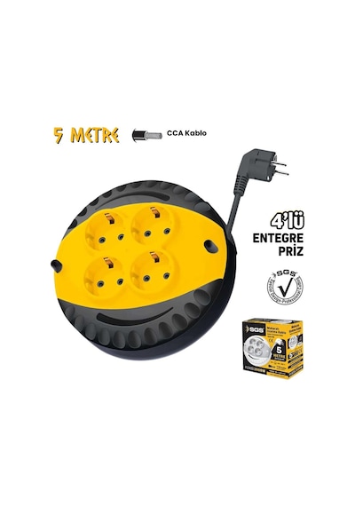Sgs Saklı Kablolu Makaralı Uzatma Kablosu Siyah Cca 3x1.5 - 4 Priz - 5 Mt. 5 m