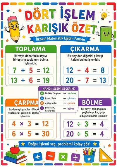 Dört İşlem Karışık Özet İlkokul Matematik Eğitim Afişi 50x70 Cm Tüm Yaşlar