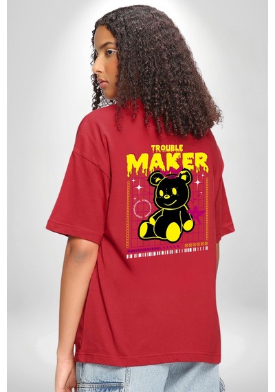 Baş Belası Teddy Kırmızı Oversize Unisex Ön Ve Sırt Baskılı Tişört Kırmızı