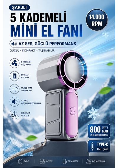 Mini El Fanı Taşınabilir 800mah Usb Sarjlı Soğutucu 5 Kademeli Mini Vanitalatör