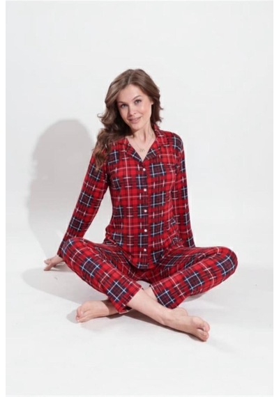 Ekose Desenli Düğmeli Uzun Kollu Kadın Pijama Takımı Yeşil