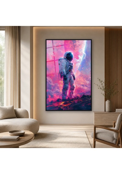 Pembe Bulutlarda Yürüyen Astronot Siyah Çerçeveli Cam Tablo