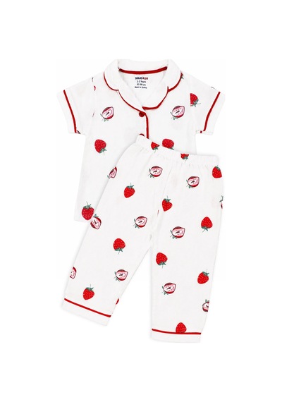 Bebegen Kız Bebek Beyaz Kırmızı Çilek Baskılı Müslin Pijama Takımı Çok Renkli
