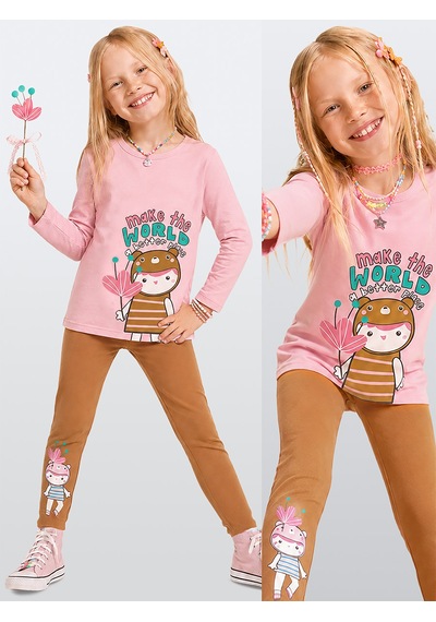 Kız Çocuk Pamuklu Uzun Kollu T-shirt & Tayt Takımı – Sevimli Karakter Baskılı (2-8 Y)