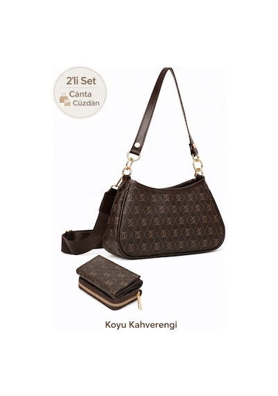 Newish Polo Kadın Omuz Çantası Ve Cüzdan Seti 2 Li Monogram Desenli, Fermuarlı Cüzdanlı - New395 Kahverengi
