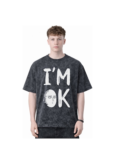Im Ok One Punch Man Anime Baskılı Unisex Oversize Eskitme Yıkamal Siyah