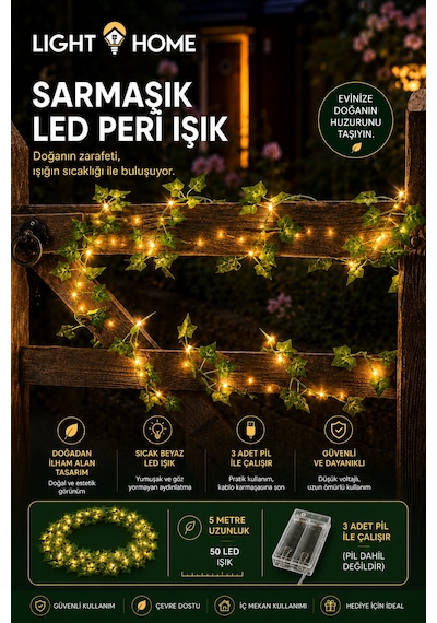 5 Metre 50 Led Li Yapay Sarmaşık Peri Işık Balkon, Bahçe, Oda Ve Duvar Dekoru Sarı