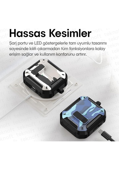 Samsung Galaxy Buds 3 Pro, Buds 3 Ve Buds 3 Fe İle Uyumlu Mandallı Kapak Kilit Sistemli Mat Dokulu Darbelere Dayanıklı Kamuflaj Silikon Kılıf Siyah