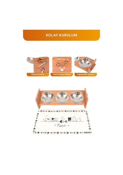 Ahşap Üç Gözlü Ayarlanabilir Kedi-köpek Mama Ve Su Kabı