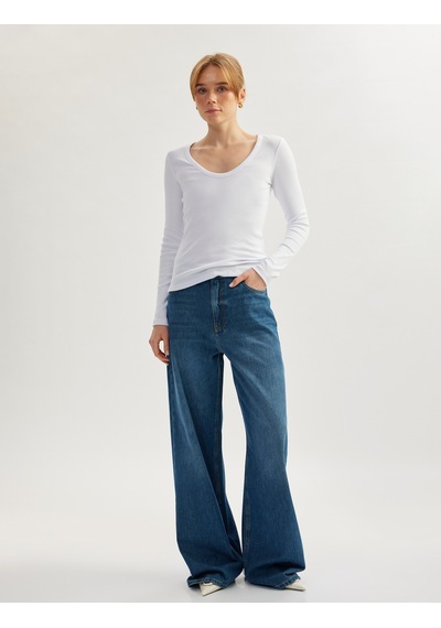 Koton Pamuklu Uzun Kollu U Yaka Slim Fit Fitilli Tişört Beyaz 5sak50232ek