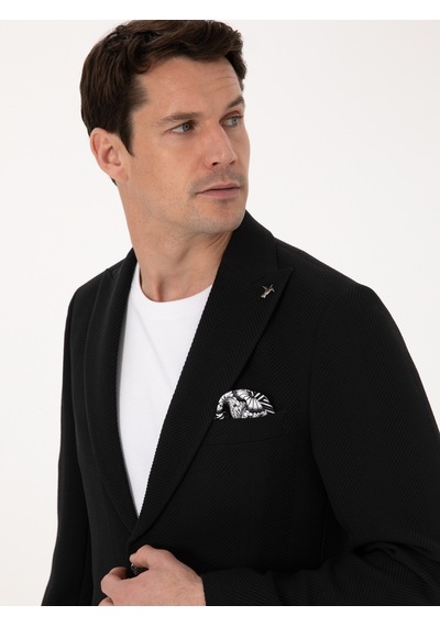 Cacharel Siyah Slim Fit Yün Karışımlı Kırlangıç Yaka Balık Sırtı Blazer Ceket