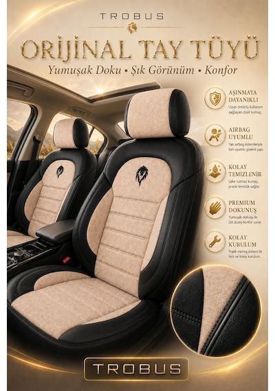 Renault R9 Broadway 1990-2000 Uyumlu Lion Serisi Tay Tüyü Bej Siyah Premium Koltuk Kılıfı