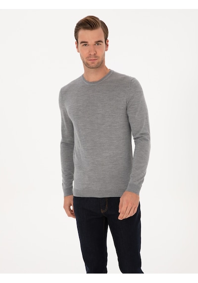 Cacharel Gri Slim Fit Kaşmir İpek Karışımlı Bisiklet Yaka Triko Kazak