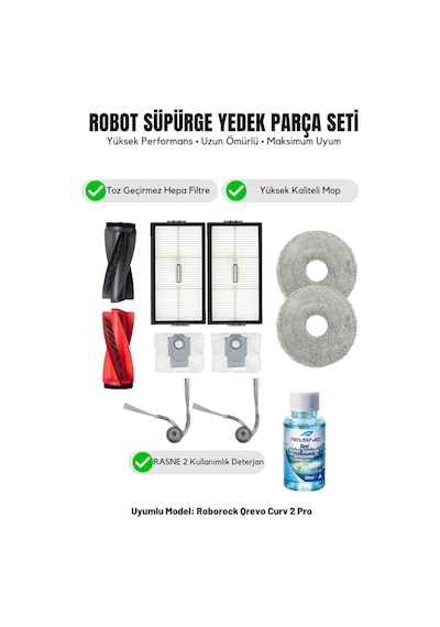 Roborock Qrevo Curv 2 Pro İle Uyumlu 1 Ana Fırça 2 Yan Fırça 2 Filtre 2 Mop 1 Deterjan 2 Toz Torbası 7.0
