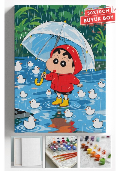 Sayılarla Boyama Hobi Seti Çerçeveli Numaralı Tuval Fırça Boya Askı Aparatı Dahil 50x70 Cm - Shin Chan