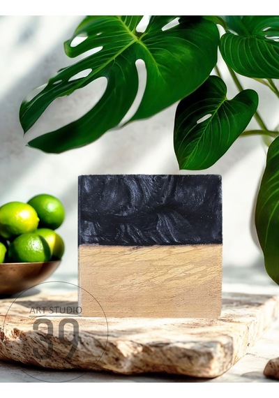 Ceviz & Siyah Epoksi Bardak Altlığı Seti 6 Lı, El Yapımı Ceviz Ahşap, 12x12 Cm, Modern & Şık Tasarım Siyah