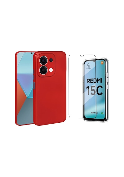 Xiaomi Redmi 15c İle Uyumlu Kılıf Soft Yumuşak Telefon Kılıfı Ve Temperli Cam Ekran Koruyucu Kırmızı