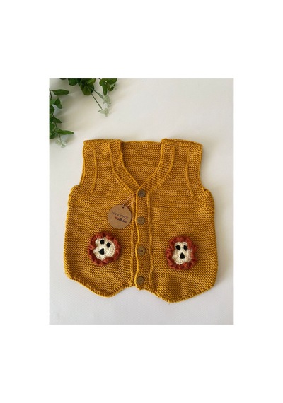 Adenya Sepeti El Örgüsü Aslan Figürlü Bebek Yeleği Handmade Kiremit Renk Detaylı Hardal