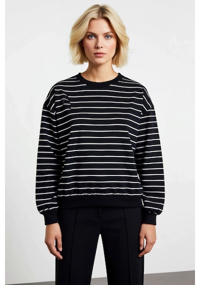 Benerly Kadın Bisiklet Yaka Düşük Kol Çizgili Regular Örme Sweatshirt Fon siyah