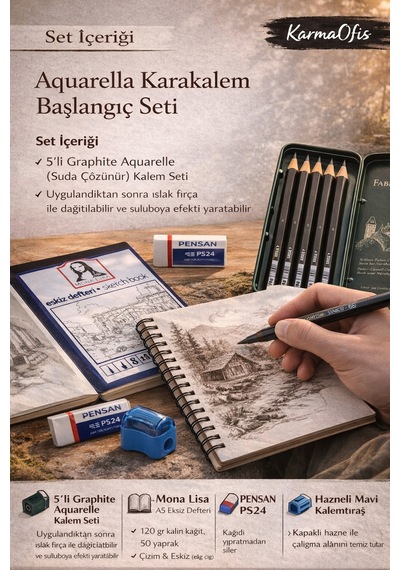 Aquarella Karakalem Başlangıç Seti Suda Çözünür 5'li Kalem, A5 Eskiz Defteri, Silgi, Kalemtıraş