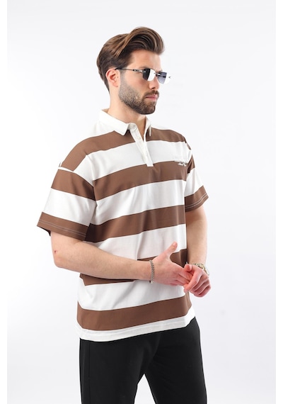 Madmext Kahverengi Oversize Renk Bloklu Polo Yaka Tişört E7120 Kahverengi