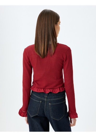 Koton Crop Hırka Düğmeli Fırfır Detaylı Bisiklet Yaka Slim Fit Bordo 5wal90024ık Bordo