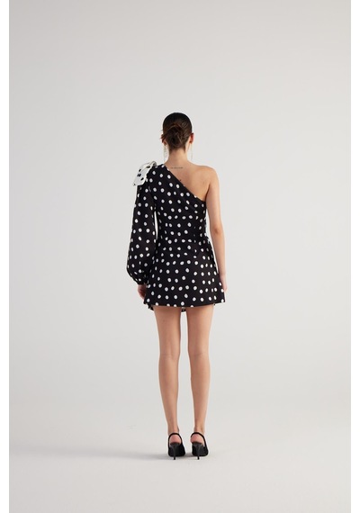 Holly Lolly Puantiyeli Çıkarılabilir Kurdele Aksesuarlı Tek Kollu Mini Polka Elbise Siyah