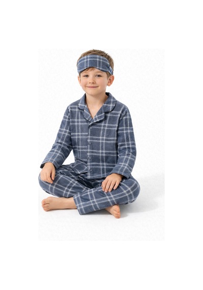 Beka Kids Erkek Çocuk Önden Düğmeli Kareli Pijama Takımı - Göz Bantlı Gri