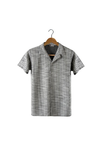 Erkek Antrasit Kısa Kollu Slim Fit Çizgi Desenli Pamuklu Yazlık Gömlek Füme