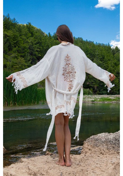 Dokubba Plaj Kimono - Ağaç Baskılı - Keten Dokuma Krem-bej Krem-bej