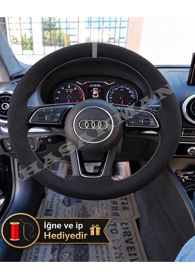 Audi Q2 Dikme Direksiyon Kılıfı Full Alcantara Süet Gri Yüzük Ve Gri Dikiş 2016-2020 Siyah