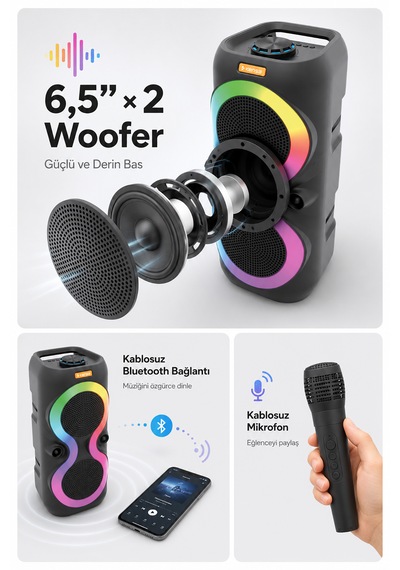 Taşınabilir Mikrofonlu 40w Led Işıklı Bluetooth Hoparlör Seti