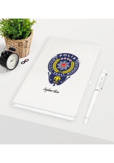 Kişiye Özel Polis Temalı Beyaz Defter Kalem Seti - 2 Beyaz