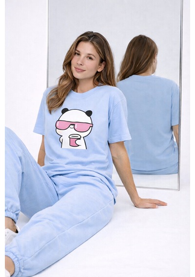 Sevgili Kombini Panda Bardak Baskılı Çift Tişört Oversize Unisex Mavi