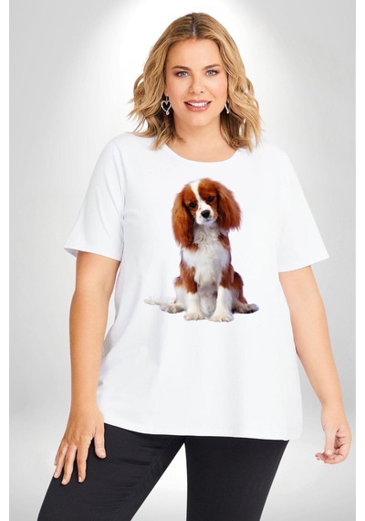 Angemiel Cavalier King Charles Spaniel Beyaz Büyük Beden Kadın Erkek Ünisex Basic Ön Baskılı Tişört Beyaz