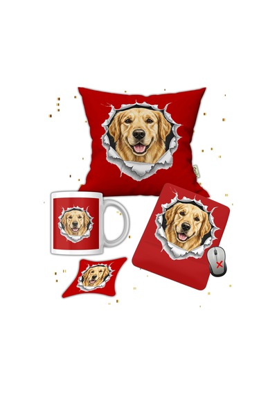 Köpek Sever Hediye Seti Golden Retriever Temalı Baskılı Kupa Yastık İsimli Mause Ped Bardak Altlığı Hediye Seti