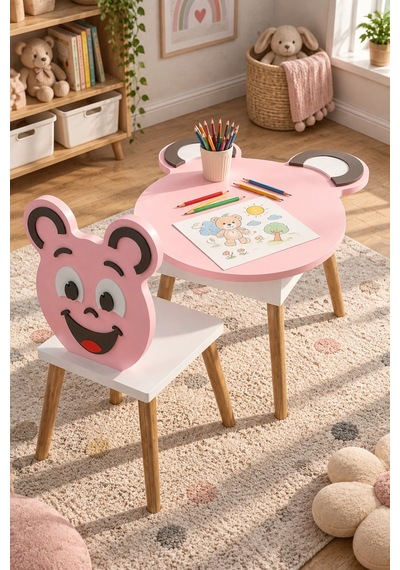 Sulorahome Happy Face Çocuk Masa Ve Sandalye Seti Pembe Pembe - Beyaz