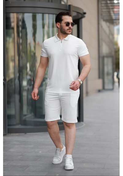 Etiler Collection Erkek Yakalı Fermuarlı T-shirt Şort Ikili Takım Beyaz