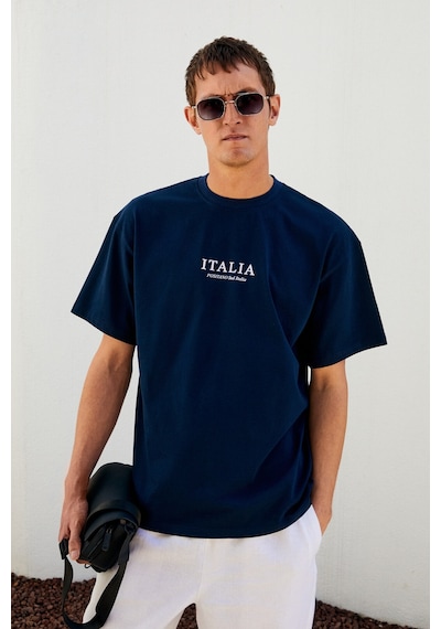 Grımelange ITALIA Erkek %100 Organik Pamuk Ön Arka Baskı Detaylı Oversize Kısa Kol Lacivert T-Shirt