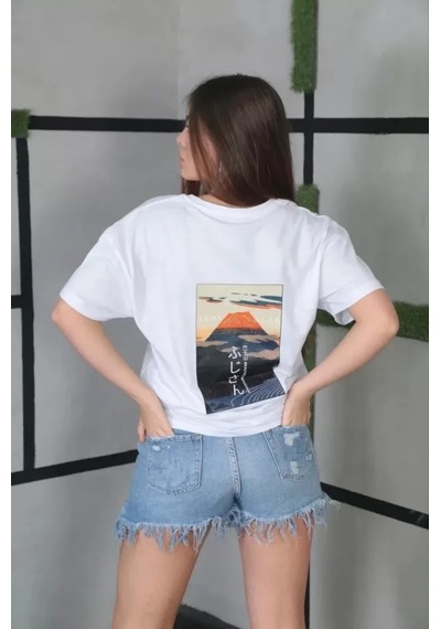 Dogutrend Unisex Bisiklet Yaka Baskılı Oversize T-shirt- Beyaz