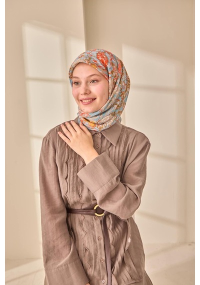 Silk Home Olinda İpek Eşarp 47002-39 Kahve Bej, Bebe Mavi, Hardal, Mercan, Yağ Yeşili
