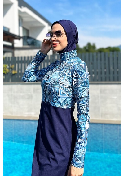 Yarım Fermuarlı Likralı Tam Kapalı Mayo R4506 Üçgen Lacivert