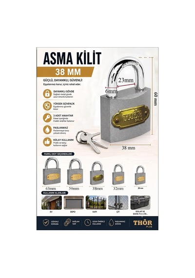 Orta Boy Asma Kilit 38 Mm 1 Adet Thor Plus Paslanmaz Metal Asma Kilit Dayanıklı Yedek Anahtarlı Zincir Kilidi Kapı Bahçe