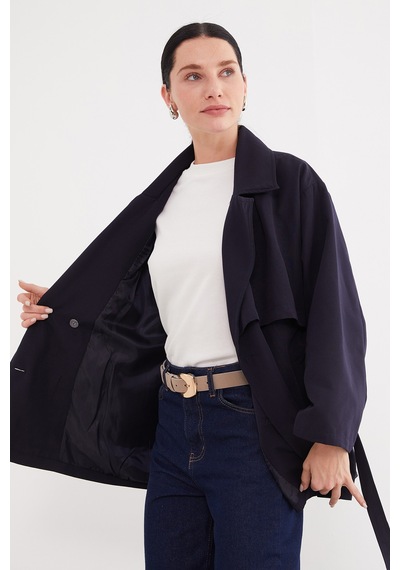 Fullamoda Pelerinli Kuşaklı Geniş Kol Oversize Trençkot Lacivert